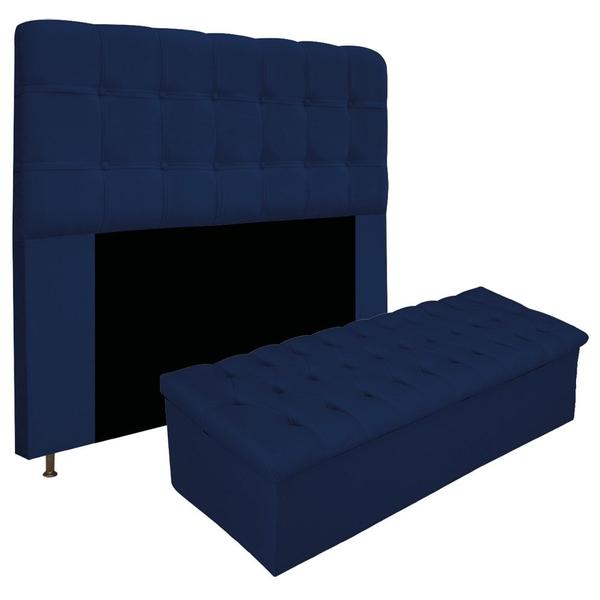 Imagem de Kit Cabeceira Estofada Mel Cama Box Queen 160 cm mais Calçadeira Baú Mel com Capitonê Suede Azul Marinho para Quarto - AM Decor