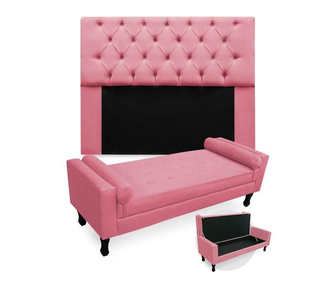 Imagem de Kit Cabeceira Estofada Mirage E Recamier Baú Fenix Queen 160 cm Suede Rosa Barbie - LM DECOR