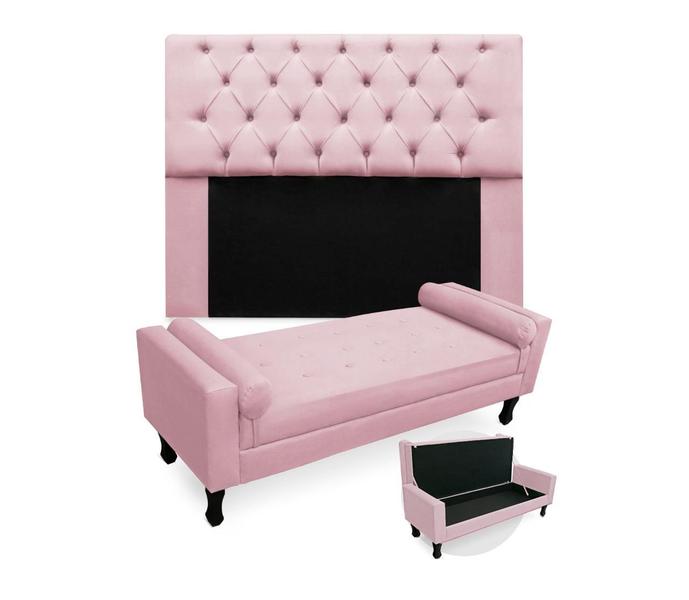 Imagem de Kit Cabeceira Estofada Mirage E Recamier Baú Fenix Queen 160 cm Suede Rosa Bebe - LM DECOR