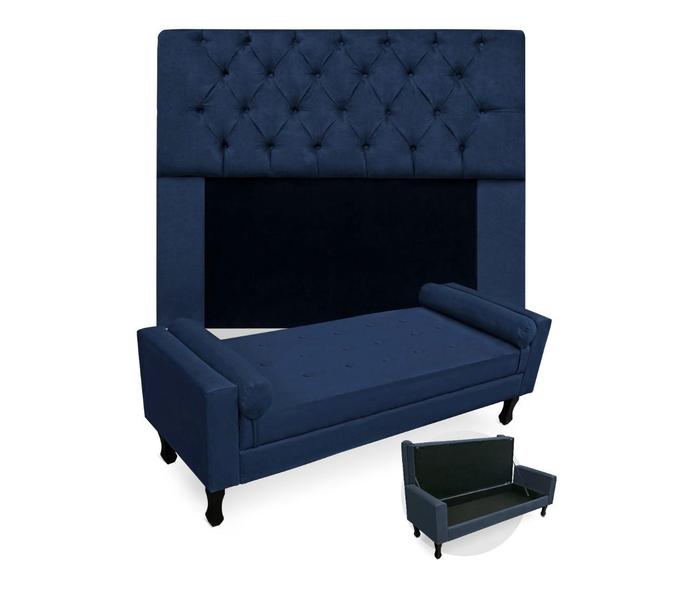 Imagem de Kit Cabeceira Estofada Mirage E Recamier Baú Fenix Solteiro 90 cm Suede Azul Marinho - LM DECOR