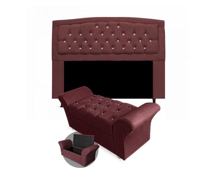 Imagem de Kit Cabeceira Geovana + Calçadeira Veneza Casal 140cm com Strass Suede