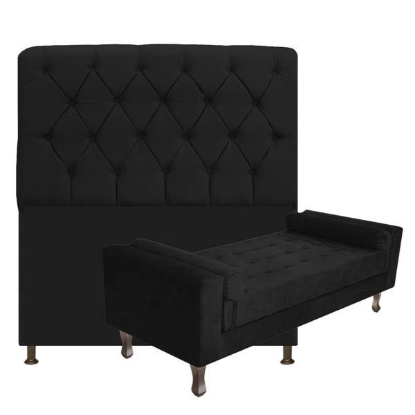 Imagem de Kit Cabeceira Lady e Recamier Félix 160 cm Queen Size Suede Preto - Doce Sonho Móveis