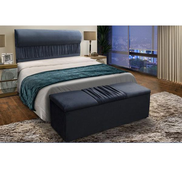 Imagem de Kit Cabeceira Mais Calçadeira Baú Solteiro 90cm Para Cama Box Vitória Suede Azul - DS Estofados