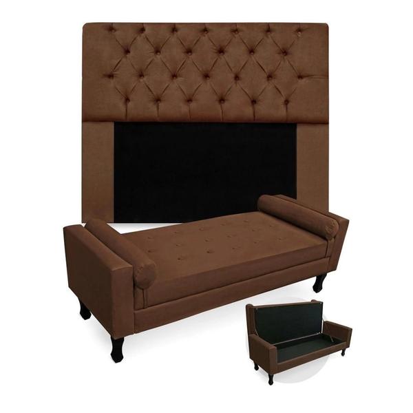 Imagem de Kit Cabeceira Mirage + Calçadeira Baú Felix Casal 140cm Suede - Renascer Decor