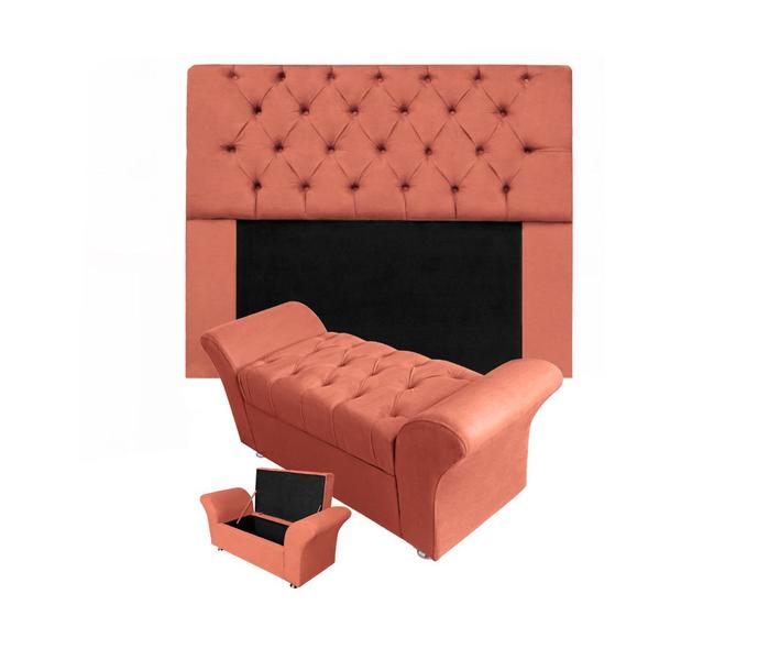 Imagem de Kit Cabeceira Mirage e Calçadeira Baú Veneza King 195 cm Suede Coral - DL Decor