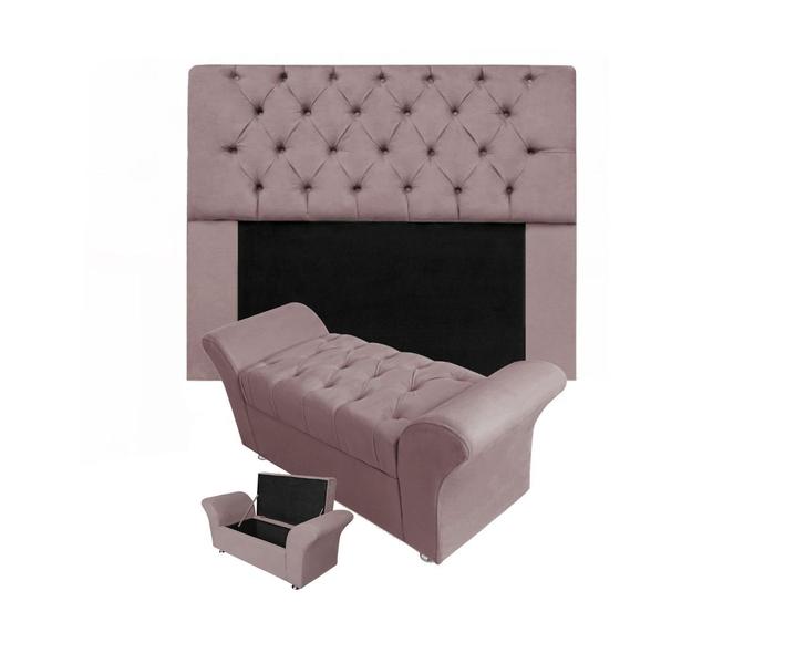 Imagem de Kit Cabeceira Mirage e Calçadeira Baú Veneza King 195 cm Suede Rose - DL Decor