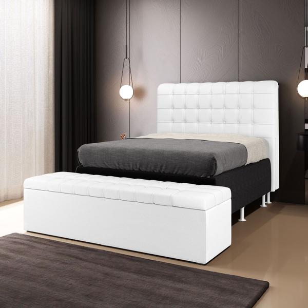 Imagem de Kit Cabeceira Rana 140 Cama Box de Casal e Calçadeira Alpha A-013 Couro Artificial Branco Aradecor