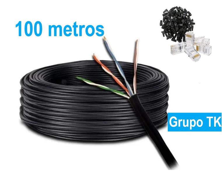 Imagem de Kit Cabo de Rede CFTV preto 100 metros + 10un Conector RJ45 macho + 10un Capa preta