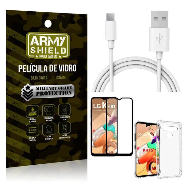 Imagem de Kit Cabo Usb 2m Tipo C LG K41s + Capa Anti Impacto + Película Vidro 3D - Arymshield