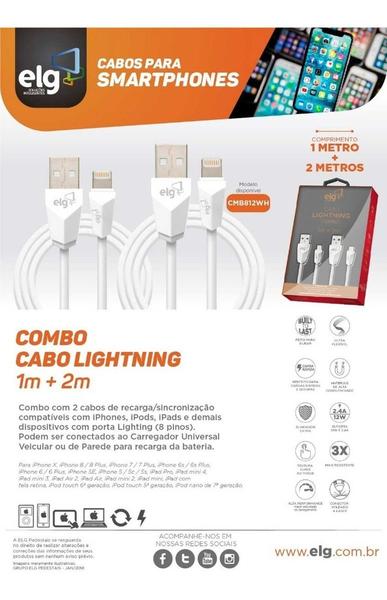 Imagem de Kit Cabos BRANCO Lightning - cabo 1 e 2 mts ELG - CMB812WH