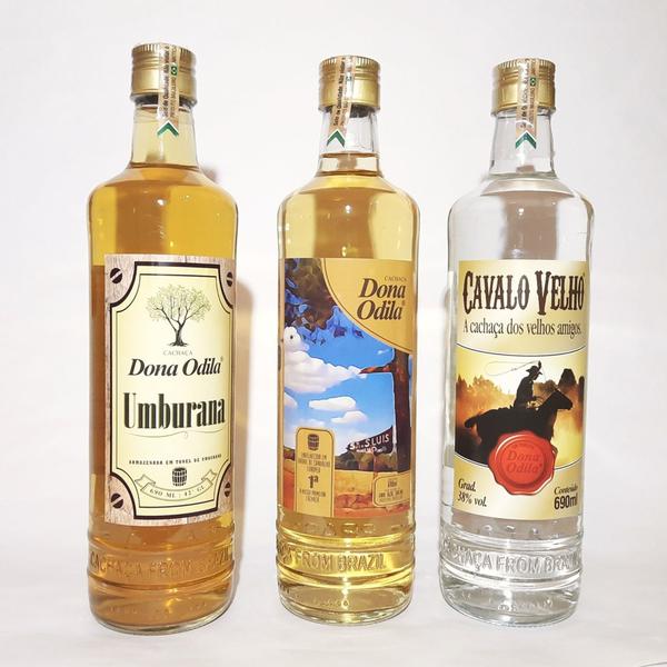 Imagem de Kit Cachaça Dona Odila 3 Versões 690 Ml Premiun Carvalho, Armazenda Umburana e Cavalo Velho inox