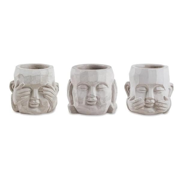 Imagem de Kit Cachepot Buda Cinza Decorativo Cimento Expressões 3 Pc