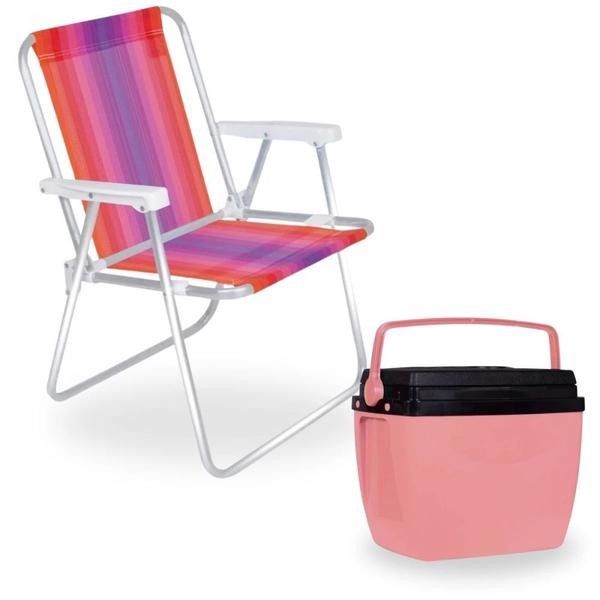 Imagem de Kit Cadeira de Praia Aluminio + Caixa Termica 18 Lts Rosa Pessego para Camping e Praia  Mor 