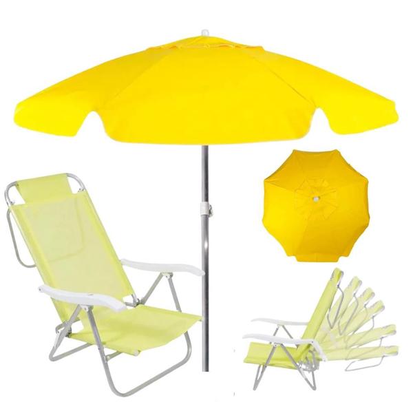 Imagem de Kit Cadeira de Praia Sunny Dobravel + Guarda-sol 1,60m Amarelo  Bel 