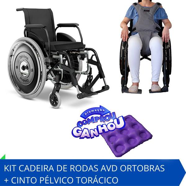 Imagem de Kit Cadeira de Rodas Alumínio AVD Ortobras com Cinto de Segurança Pélvico Torácico