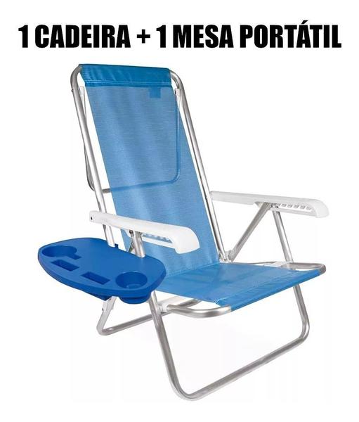 Imagem de Kit Cadeira Praia 8 Pos. Aluminio + Mesa P/ Cadeira Mor Azul