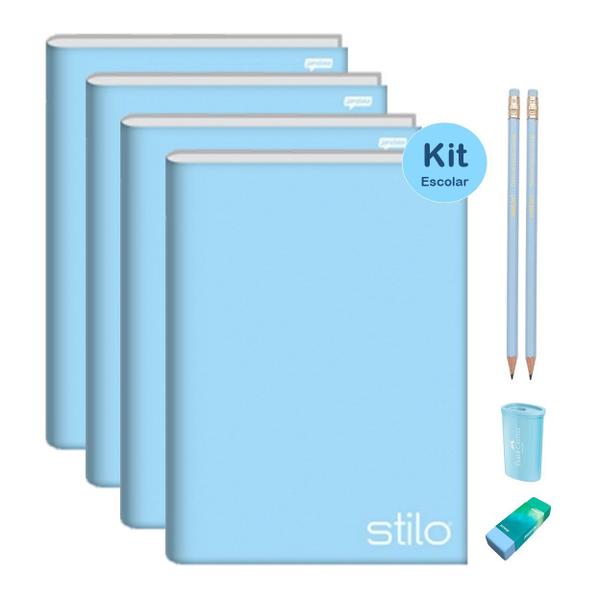 Imagem de Kit Caderno Brochura Capa Dura 80 folhas 4un Stilo Azul Pastel + Kit Lápis Borracha Apontador tons Pastéis Escolar