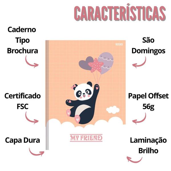 Imagem de Kit Caderno Brochura Capa Dura Grande Panda My Friend 2un 80 folhas Rosa Escolar Ensino Fundamental Infantil