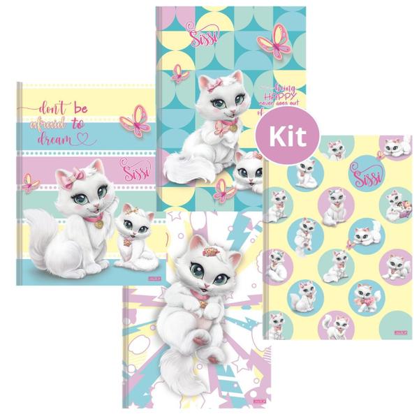 Imagem de Kit Caderno Brochura Grande Capa Dura Gatinha Sissi com Adesivos 4un 80 folhas Escolar Ensino Fundamental Infantil