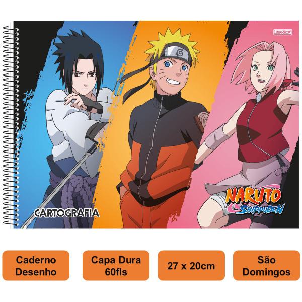Imagem de Kit Caderno de Desenho Naruto Shippuden 60 folhas Capa Dura São Domingos + Lápis de Cor Faber 12 Cores Escolar Infantil