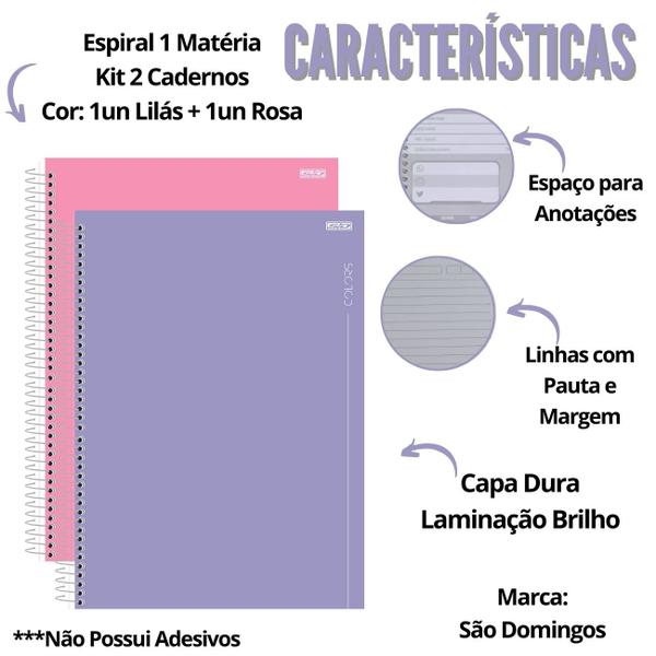 Imagem de Kit Caderno Universitário Espiral 1 Matéria 2un 80 Folhas Capa Dura Tons Pastéis Rosa e Lilás Escolar São Domingos