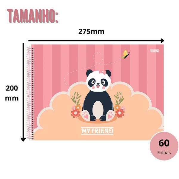 Imagem de Kit Caderno Urso Panda Brochura 80 Folhas e Desenho 60 Folhas Capa Dura Escolar para Ensino Infantil e Fundamental