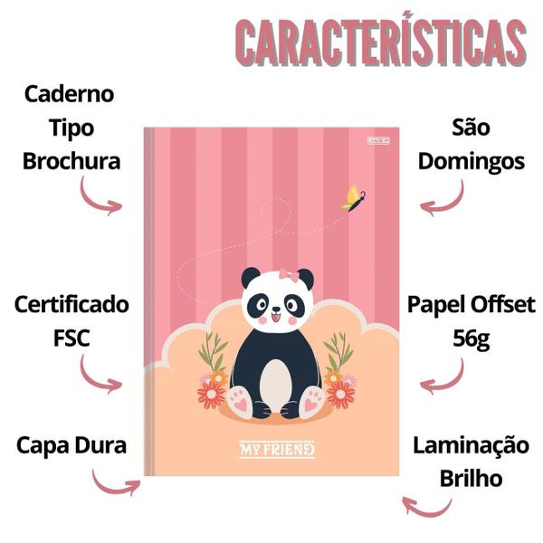 Imagem de Kit Caderno Urso Panda Brochura 80 Folhas e Desenho 60 Folhas Capa Dura Escolar para Ensino Infantil e Fundamental