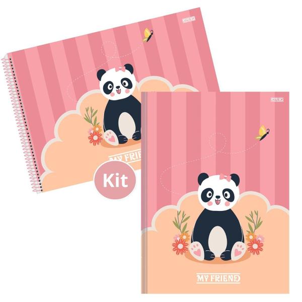 Imagem de Kit Caderno Urso Panda Brochura 80 Folhas e Desenho 60 Folhas Capa Dura Escolar para Ensino Infantil e Fundamental