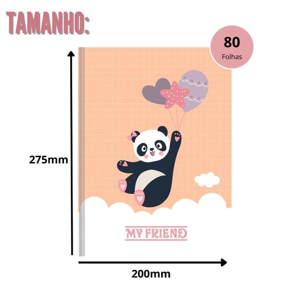 Imagem de Kit Caderno Urso Panda Brochura 80 Folhas e Desenho 60 Folhas Capa Dura Escolar para Ensino Infantil e Fundamental