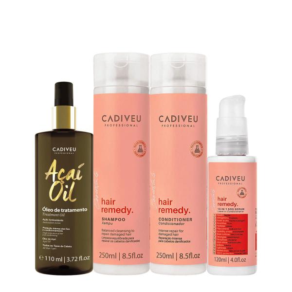 Kit Cadiveu Essentials Hair Remedy Shampoo Condicionador Leave-in Sérum e Açaí Oil 110 (4 ...