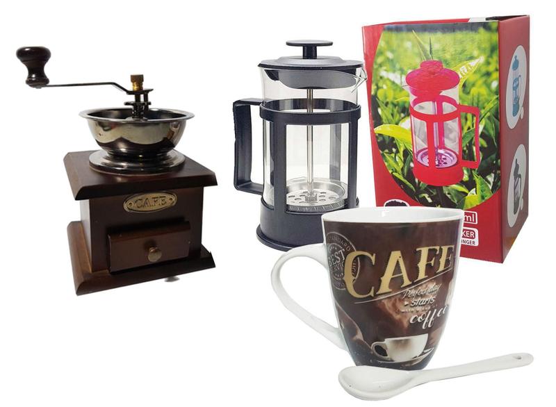 Imagem de Kit café com Moedor, cafeteira prensa francesa 350ml e caneca de porcelana - Café e Presentes