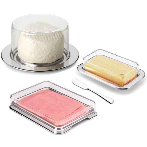 Kit Café Da Manhã Queijeira Porta Frios Manteigueira e Espátula Aço Inox - Forma Imagem de Kit Café Da Manhã Queijeira Porta Frios Manteigueira e Espátula Aço Inox