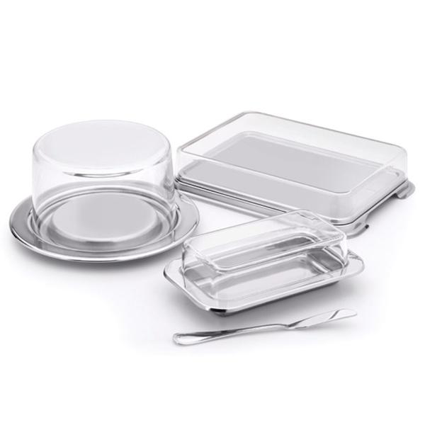 Kit Café Da Manhã Queijeira Porta Frios Manteigueira e Espátula Aço Inox - Forma Imagem de Kit Café Da Manhã Queijeira Porta Frios Manteigueira e Espátula Aço Inox