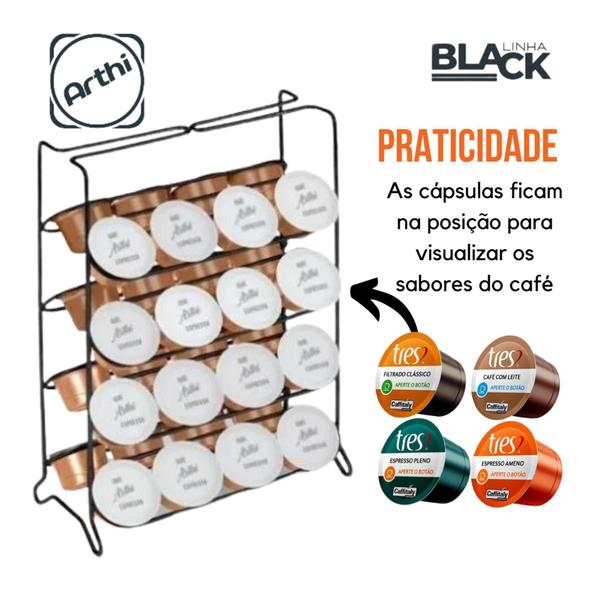 Imagem de Kit Café Suporte Xicara e Porta Capsula Tres Corações Preto Fosco