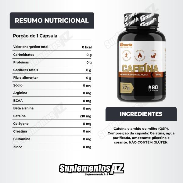 Imagem de Kit Cafeina 210mg 60 Caps + Creatina Pura 250g Growth