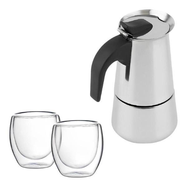 Imagem de Kit Cafeteira Italiana Moka 450Ml + 2 Copos Vidro Duplo 80Ml