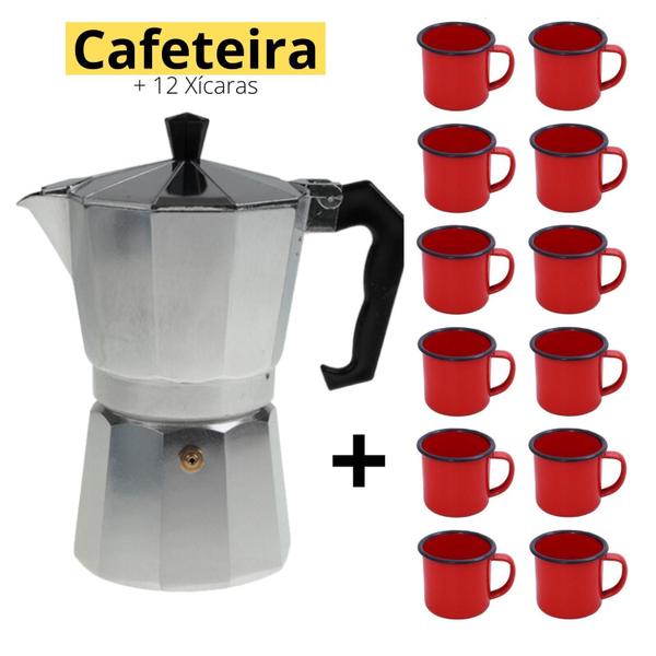 Imagem de Kit Cafeteira Italiana Moka Premium + 12 Canecas Retro 350Ml