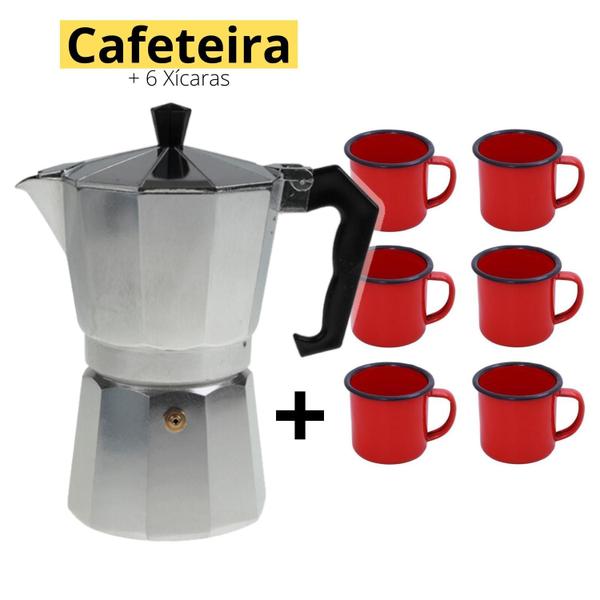 Imagem de Kit Cafeteira Italiana Moka Premium + 6X Canecas Retro 350Ml