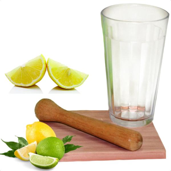 Imagem de Kit Caipirinha Com Copo Tábua Amassador De Madeira Mogno Africano Tramontina Bebidas Cozinha Festa - 10239681