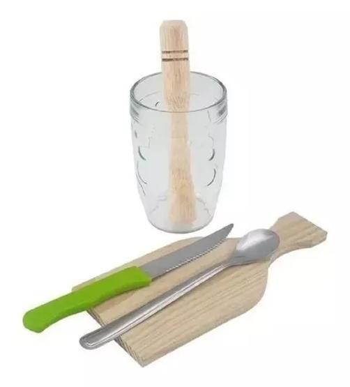 Imagem de Kit Caipirinha Com Copo + Tabua + Socador + Colher E Faca