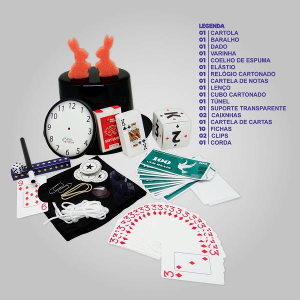 Imagem de Kit Caixa De Mágicas 30 Truques Para Crianças Com Cartola + Varinha + Baralho e Acessórios