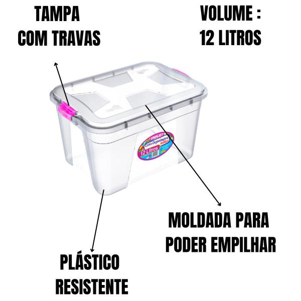 Imagem de Kit Caixa Organizadora Transparente 12 Litros Com tampa e Travas