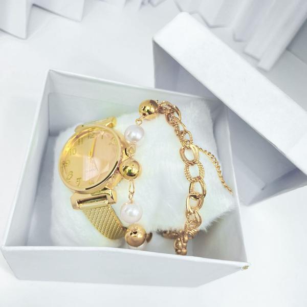 Imagem de Kit caixa relógio dourado fino redondo grosso e pulseira feminina modelo elegante