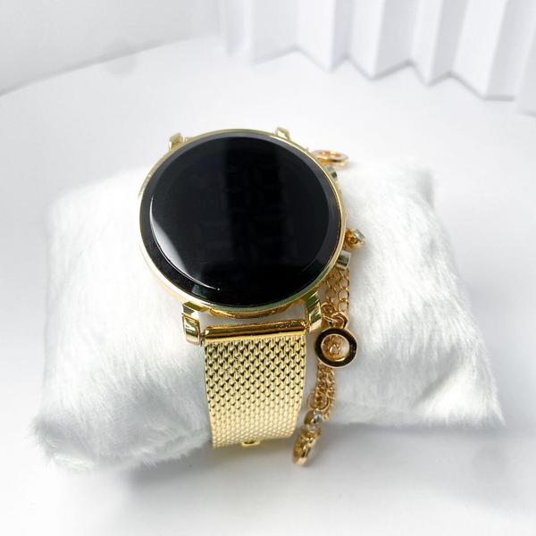 Imagem de Kit caixa relógio dourado metal led digital redondo e pulseira feminina exclusivo