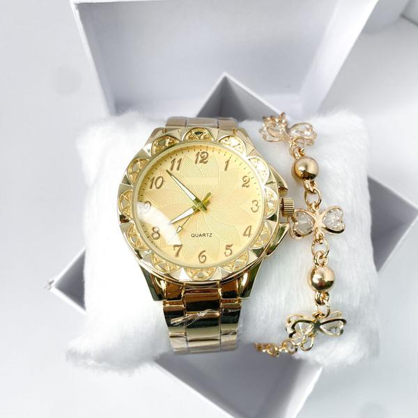 Imagem de Kit caixa relógio dourado metal redondo hexagonal clássico e pulseira feminina dekicado