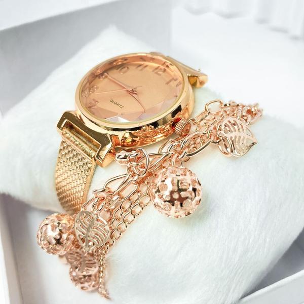 Imagem de Kit caixa relógio rosê Gold fino redondo grosso e pulseira feminina elegante
