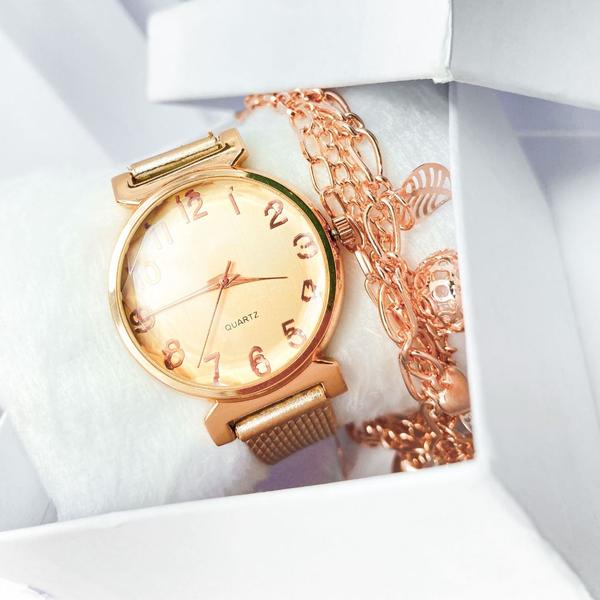 Imagem de Kit caixa relógio rosê Gold fino redondo grosso e pulseira feminina