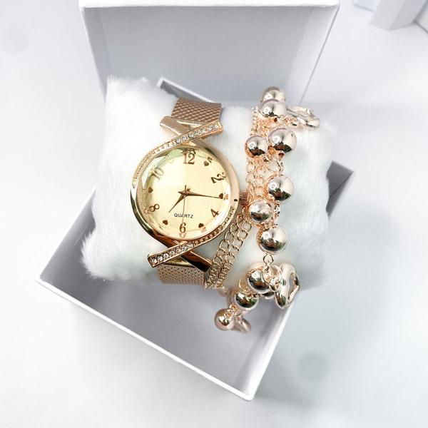 Imagem de Kit caixa relógio rose Gold fino redondo x strass e pulseira feminina
