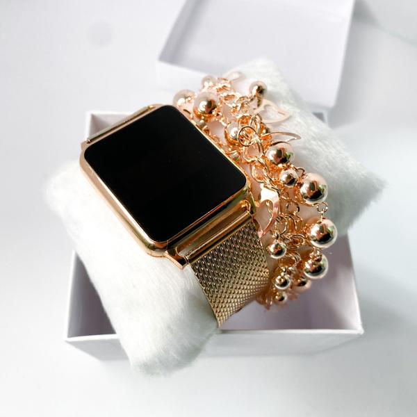 Imagem de Kit caixa relógio rose gold metal led digital quadrado e pulseira feminina classica