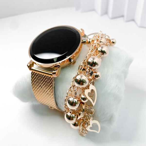 Imagem de Kit caixa relógio rose gold metal led digital redondo e pulseira feminina estilosa alta moda